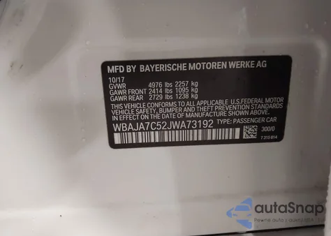 2018 BMW 530I xDrive z USA, uszkodzony, nr VIN WBAJA7C52JWA73192